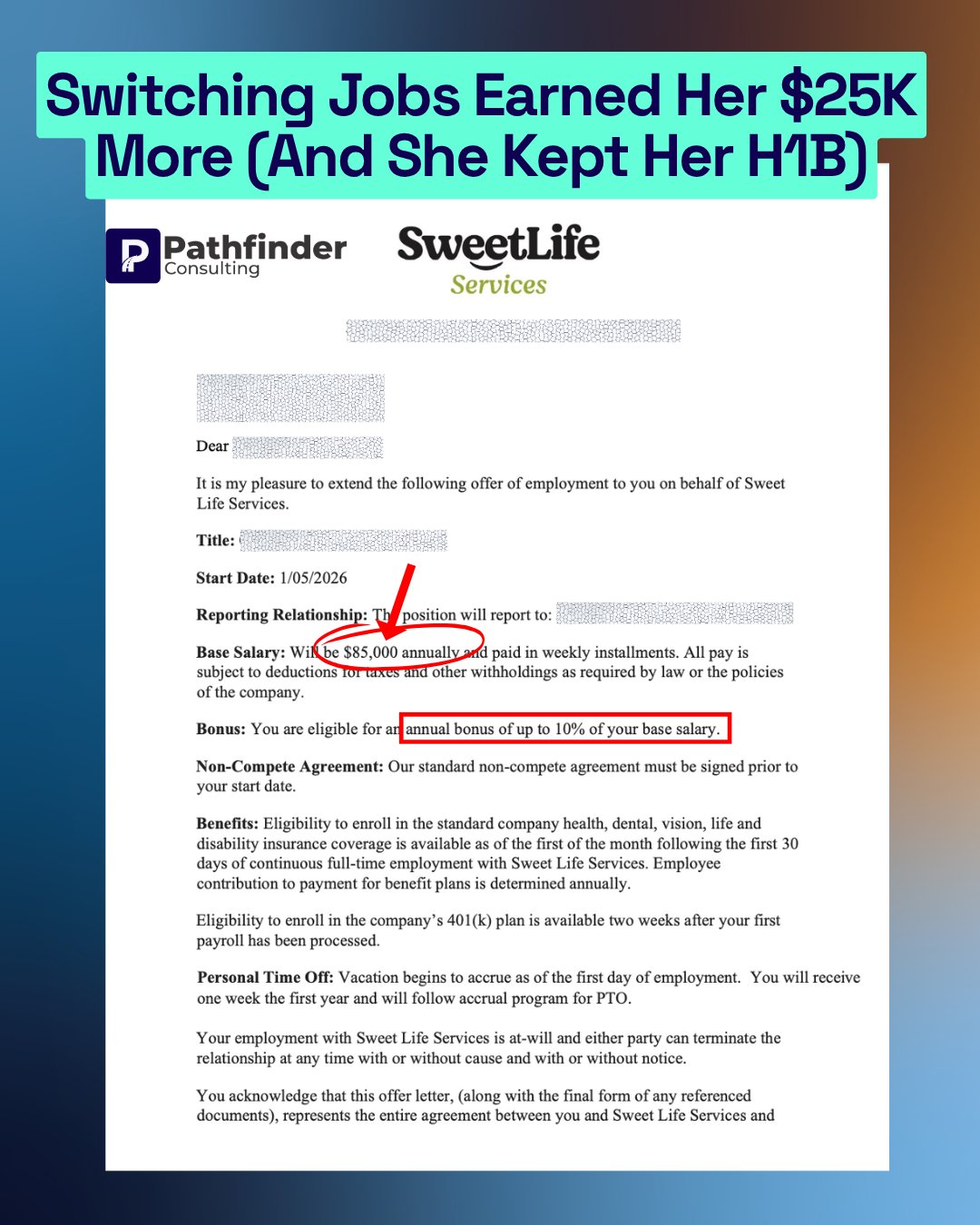 Sweet Life Services $85K job offer with H-1B transfer