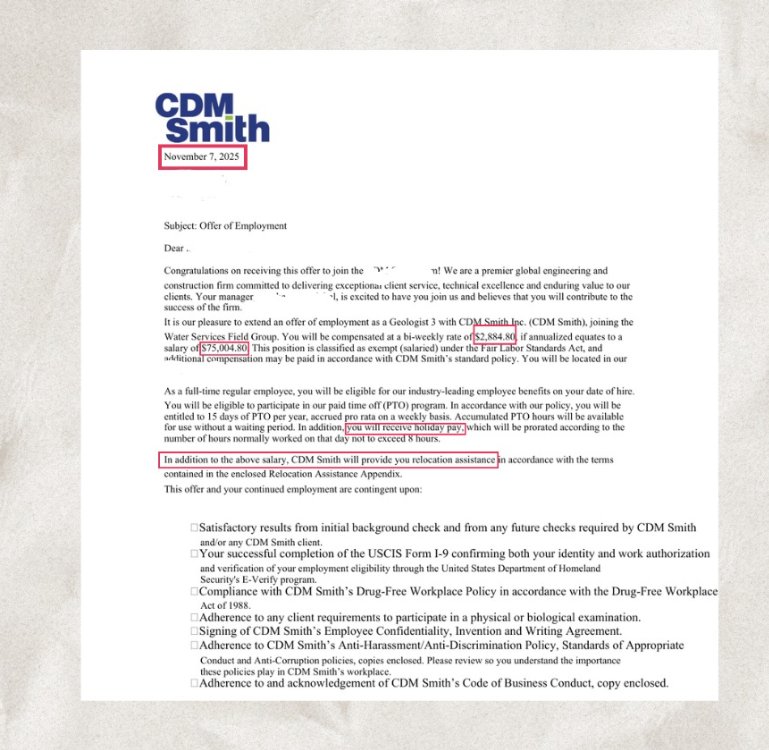 CDM Smith $75K Geologist offer with relocation